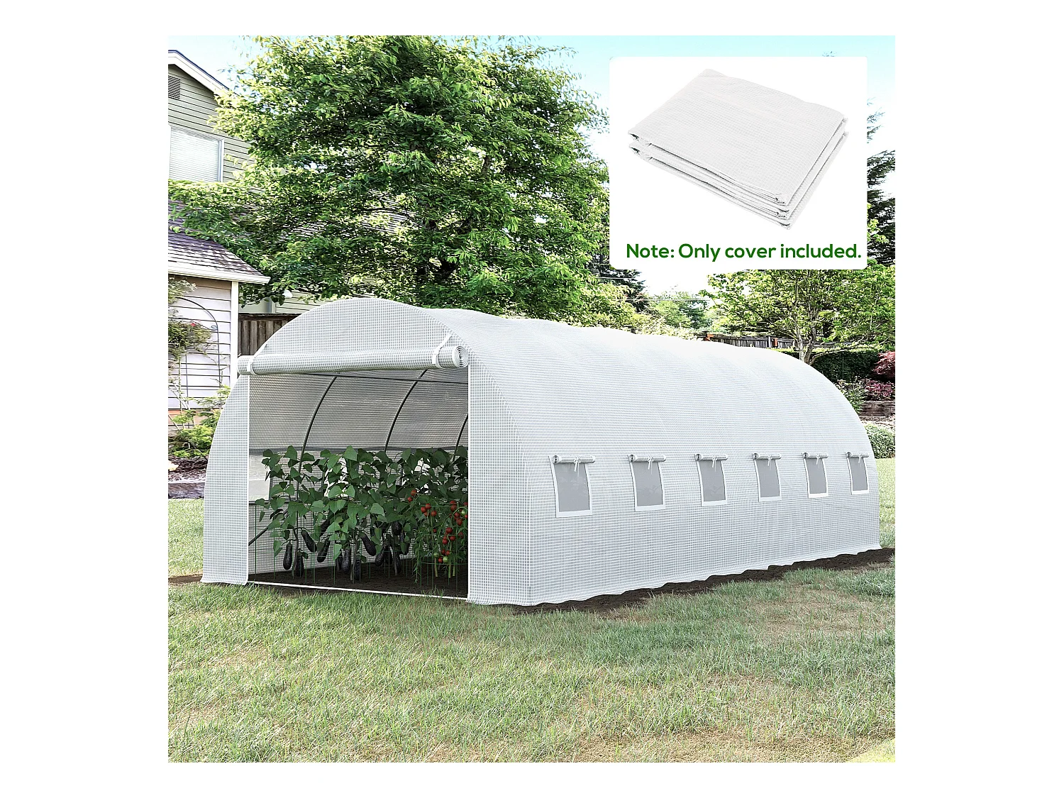 Bâche de rechange serre tunnel 18 m², bâche dim. 6L x 3l x 2H m PE anti-UV imperméable 12 fenêtres + porte enroulable zippée blanc
