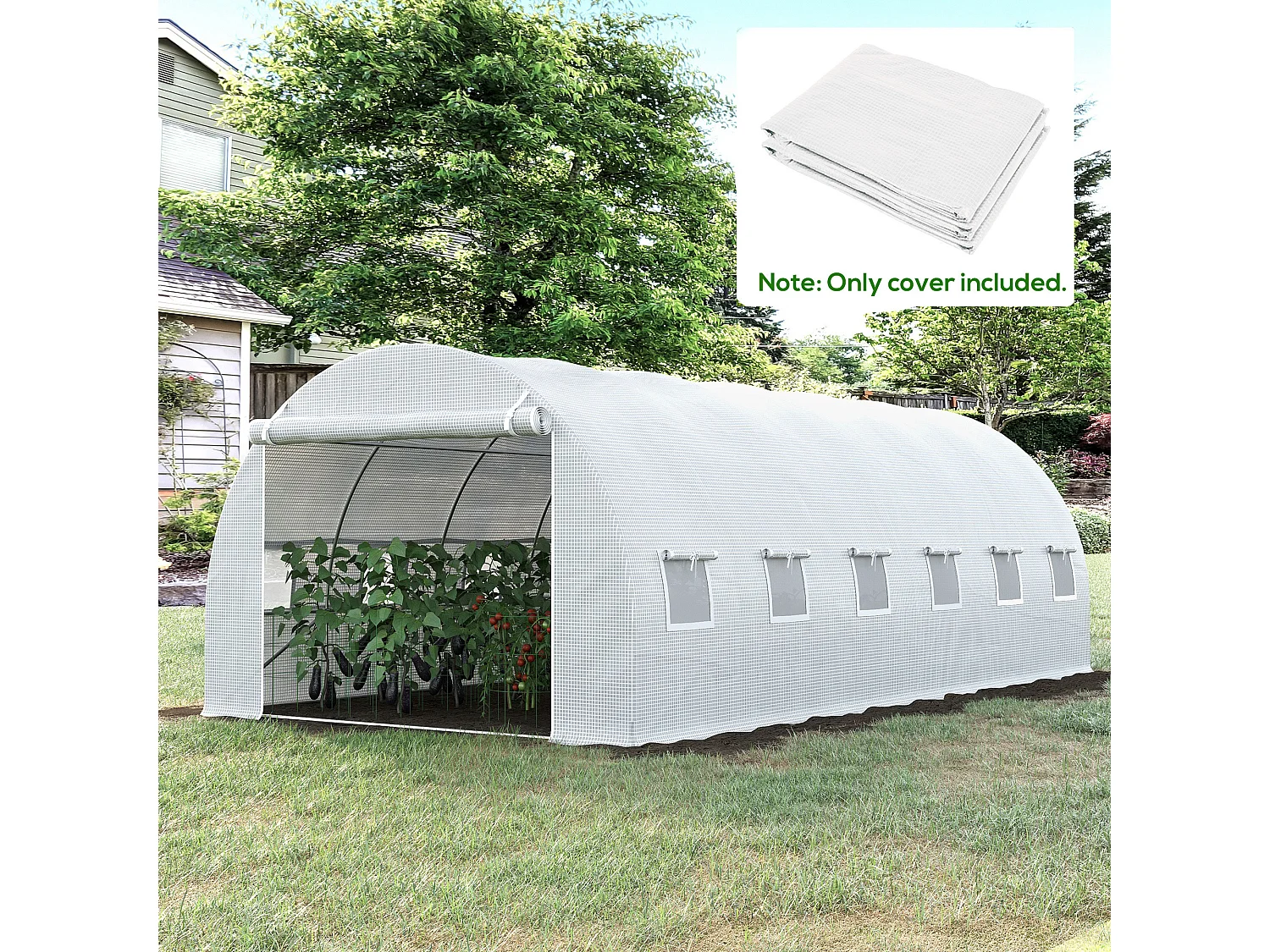 Bâche de rechange serre tunnel 18 m², bâche dim. 6L x 3l x 2H m PE anti-UV imperméable 12 fenêtres + porte enroulable zippée blanc
