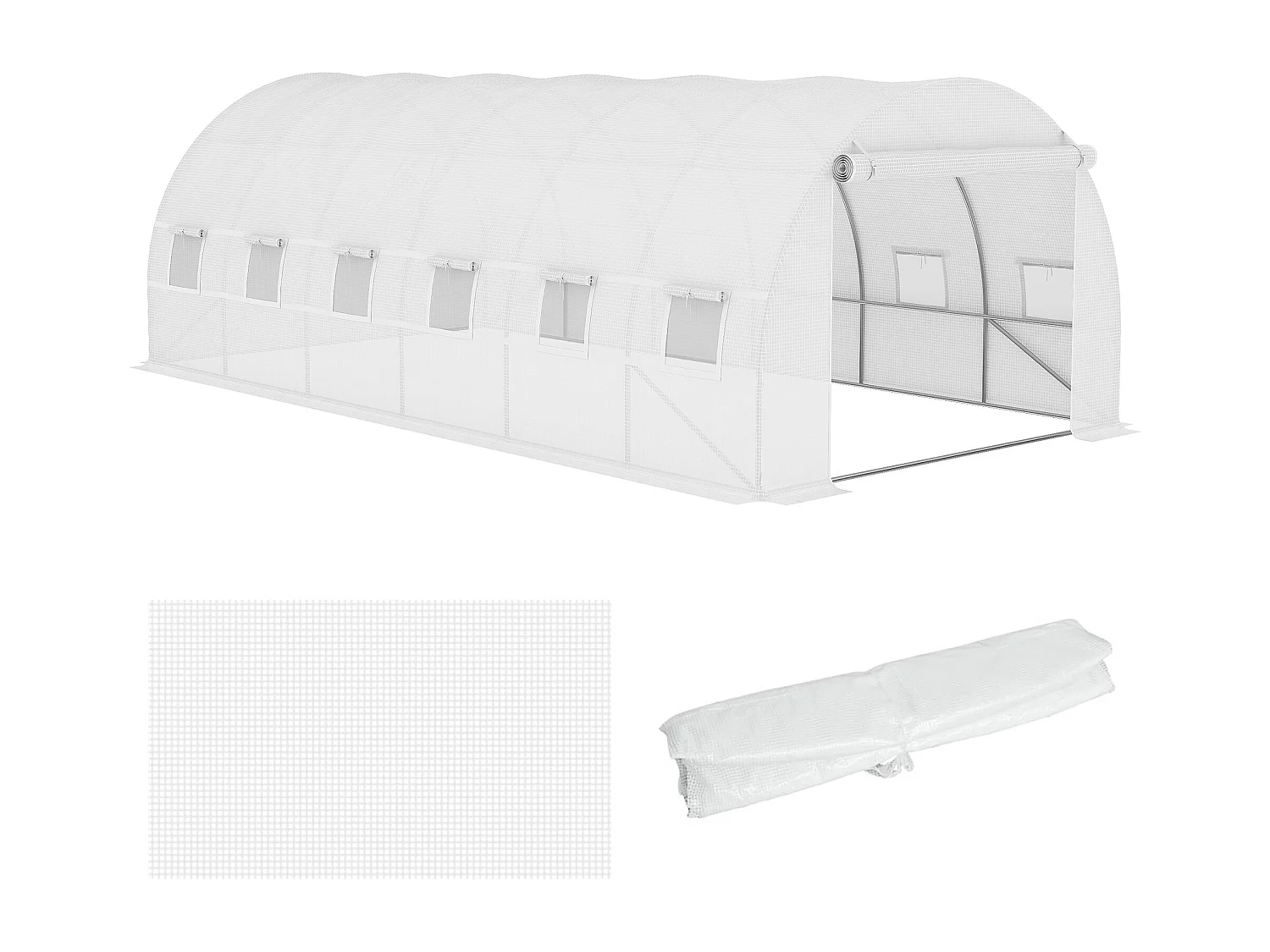 Bâche de rechange serre tunnel 18 m², bâche dim. 6L x 3l x 2H m PE anti-UV imperméable 12 fenêtres + porte enroulable zippée blanc
