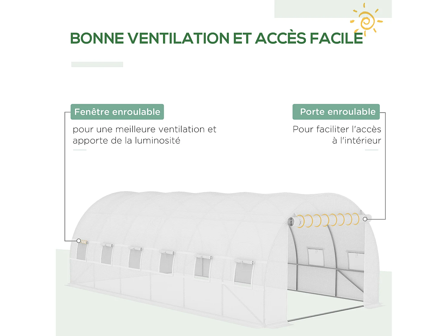 Bâche de rechange serre tunnel 18 m², bâche dim. 6L x 3l x 2H m PE anti-UV imperméable 12 fenêtres + porte enroulable zippée blanc
