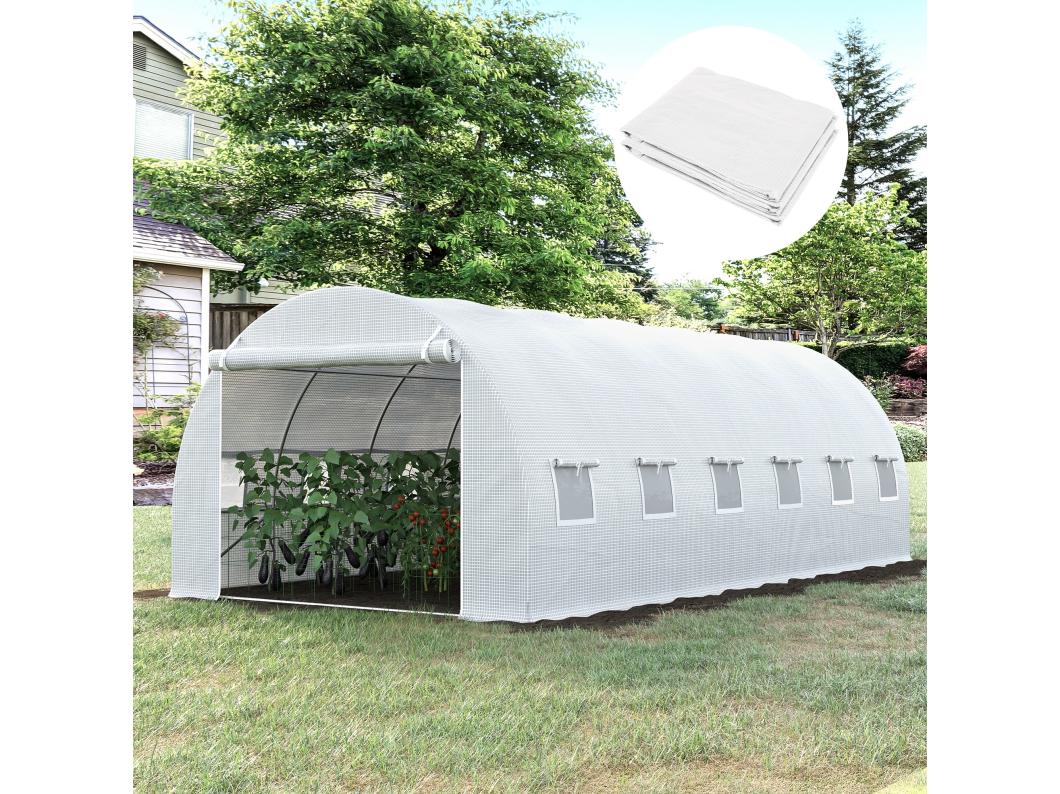 Bâche de rechange serre tunnel 18 m², bâche dim. 6L x 3l x 2H m PE anti-UV imperméable 12 fenêtres + porte enroulable zippée blanc