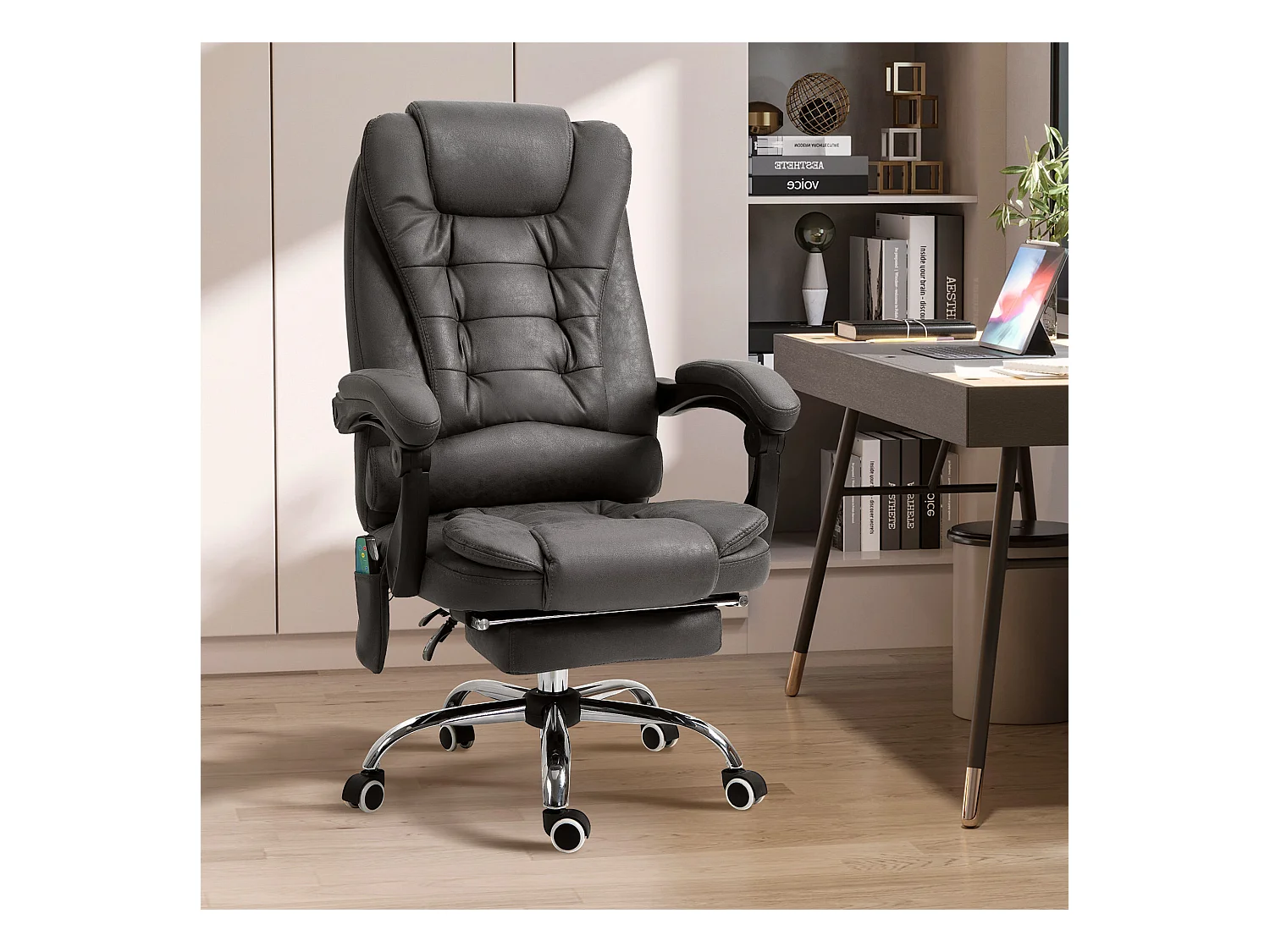 Fauteuil de bureau direction massant chauffant hauteur réglable dossier inclinable tissu gris