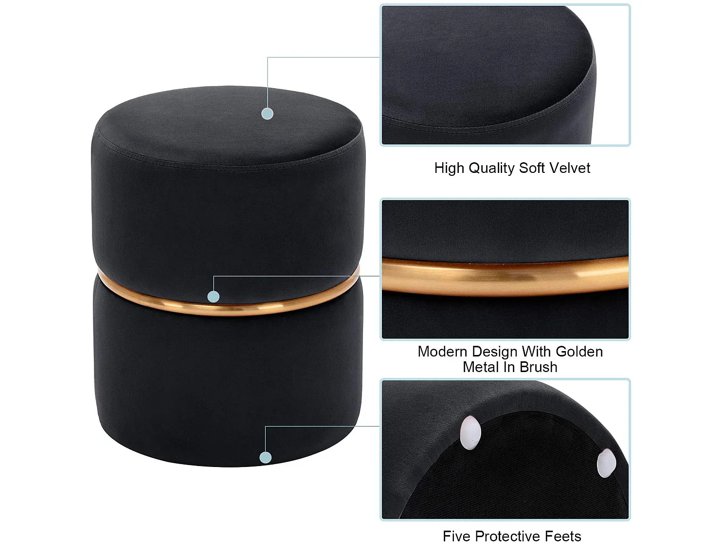 Tabouret rembourré rond pouf métal argentée 35 x 35 x 42 cm TABO09067