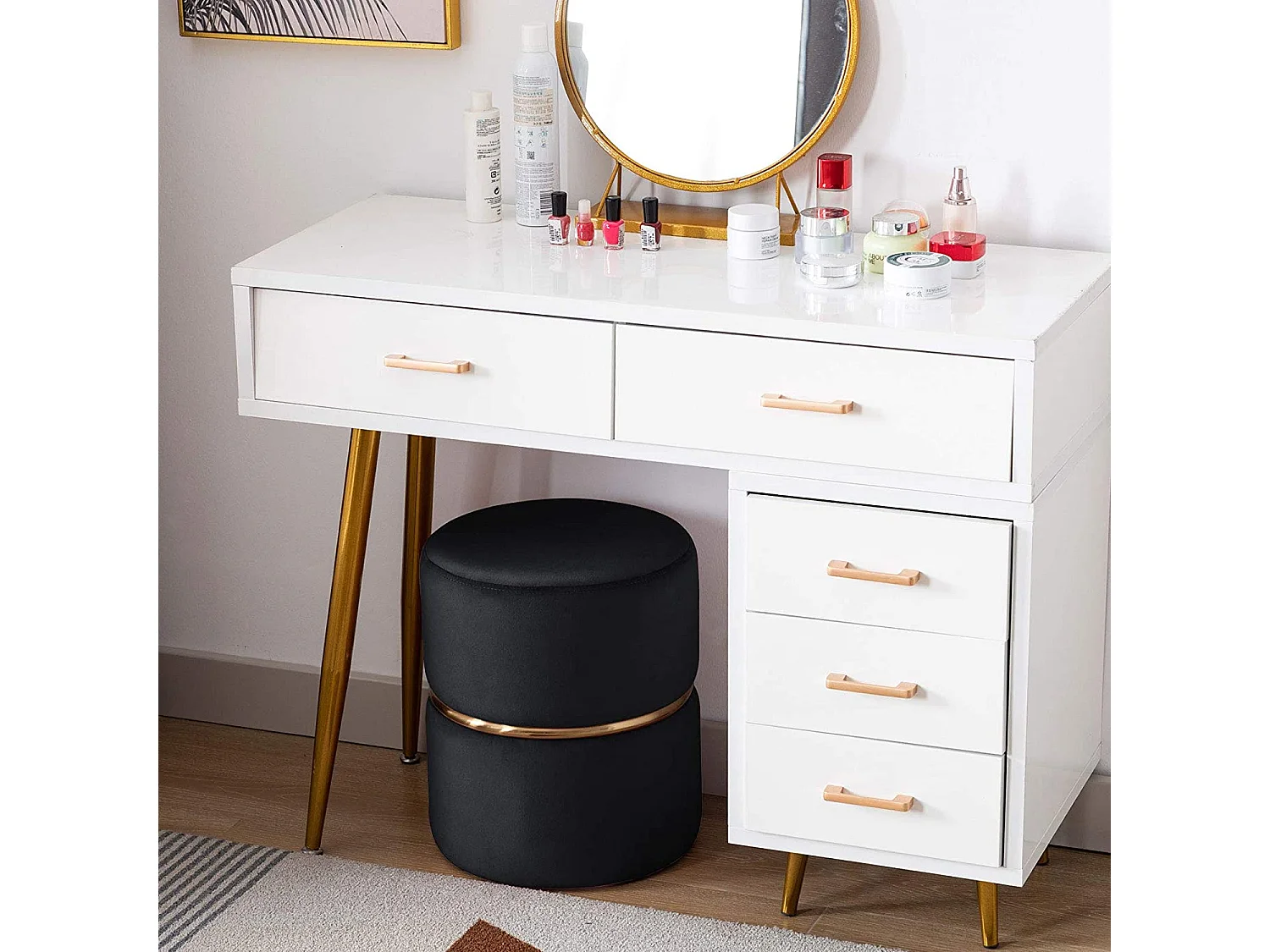 Tabouret rembourré rond pouf métal argentée 35 x 35 x 42 cm TABO09067