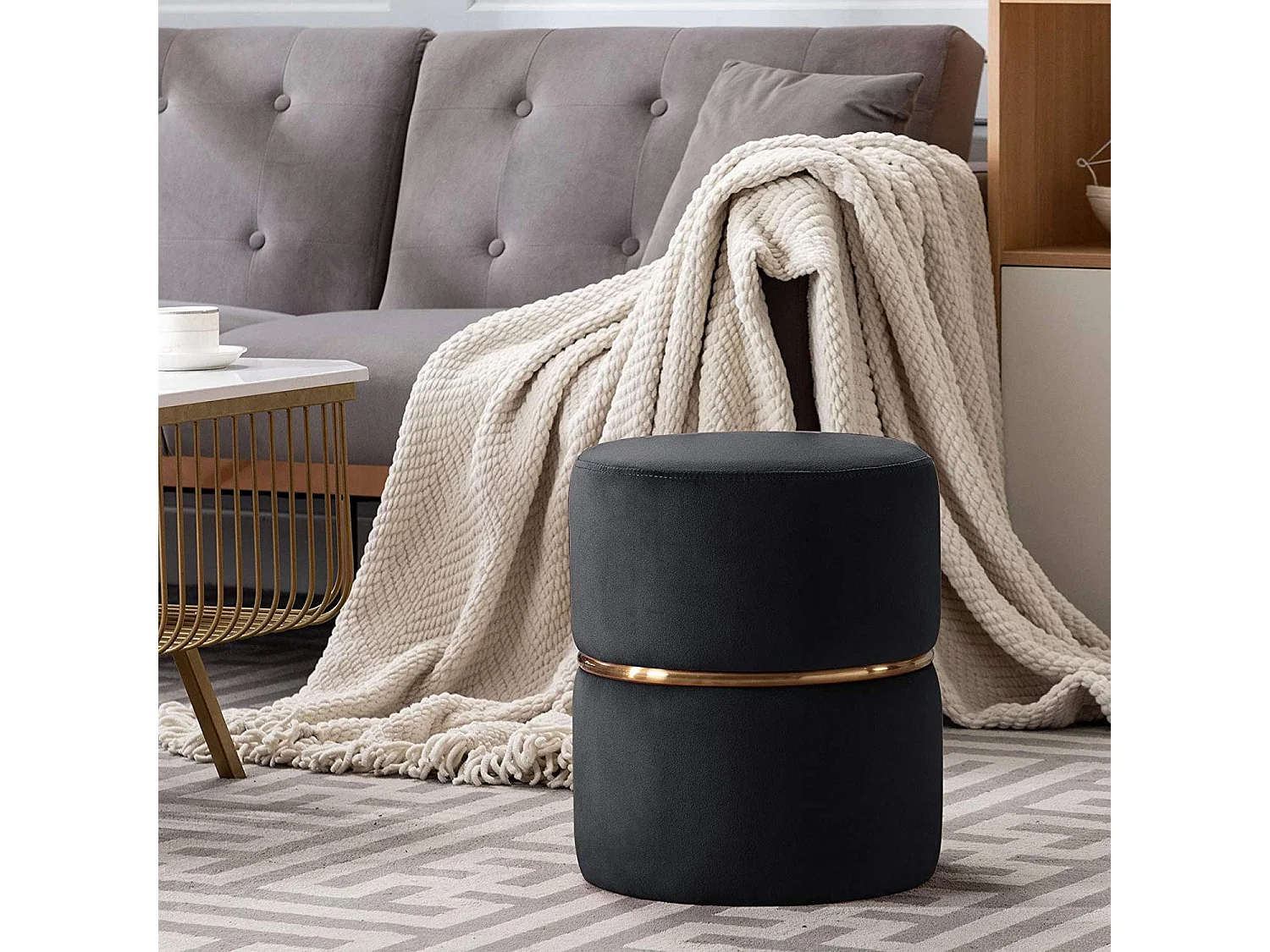 Tabouret rembourré rond pouf métal argentée 35 x 35 x 42 cm TABO09067