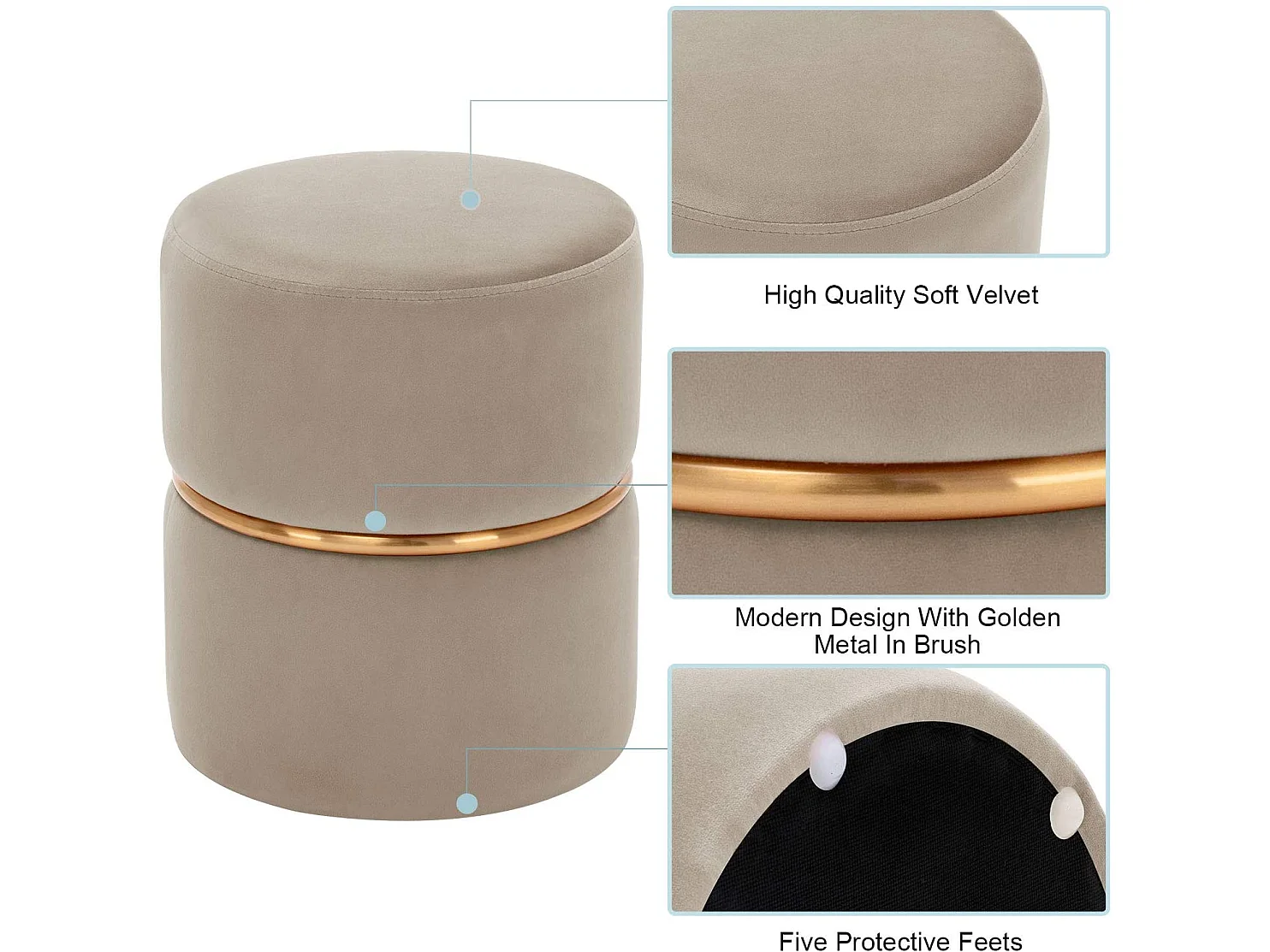 Tabouret rembourré rond pouf métal beige 35 x 35 x 42 cm TABO09063