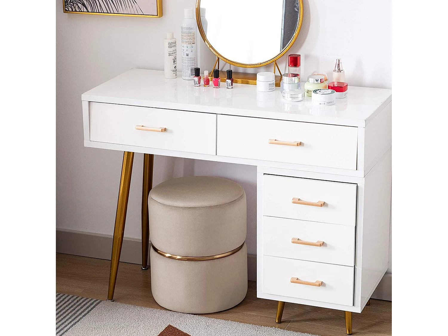 Tabouret rembourré rond pouf métal beige 35 x 35 x 42 cm TABO09063