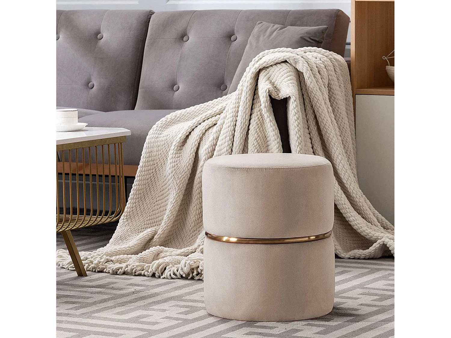 Tabouret rembourré rond pouf métal beige 35 x 35 x 42 cm TABO09063
