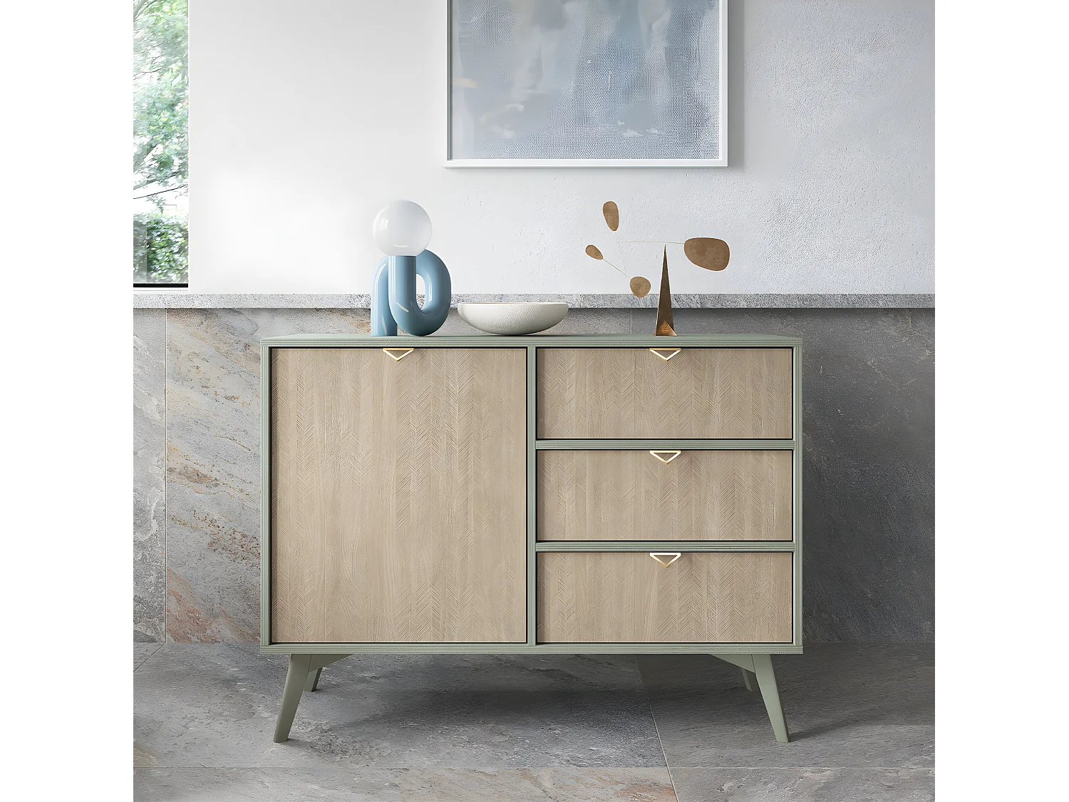 Buffet 1 porte 3 tiroirs Scandi Vert et Bois