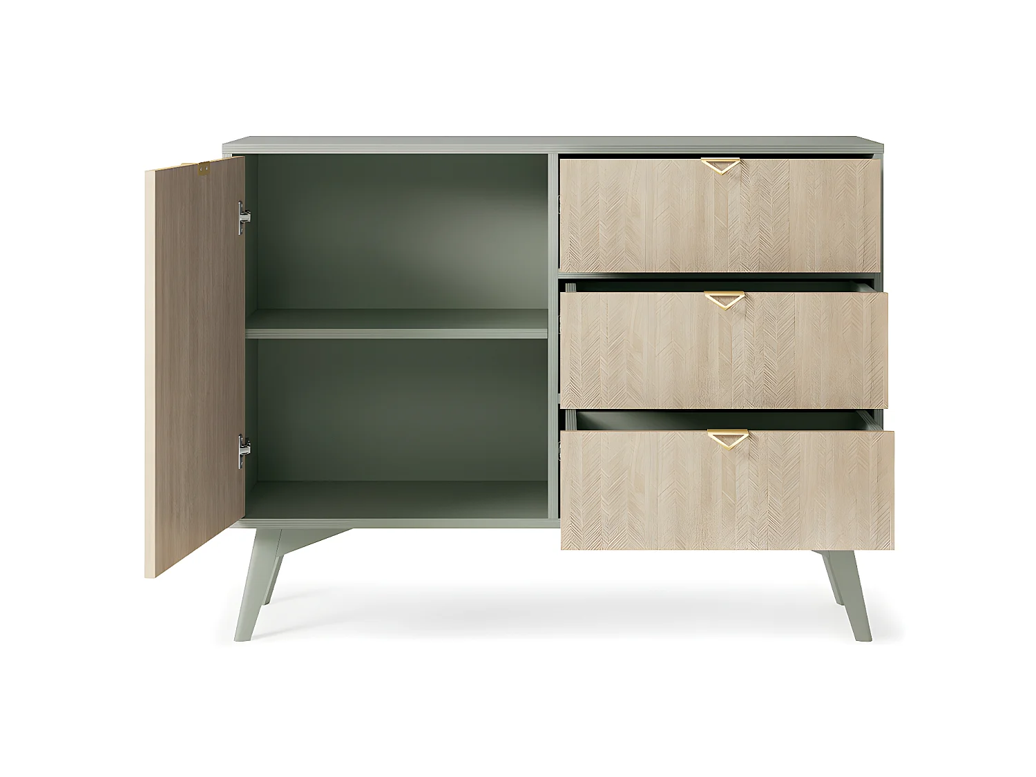 Buffet 1 porte 3 tiroirs Scandi Vert et Bois