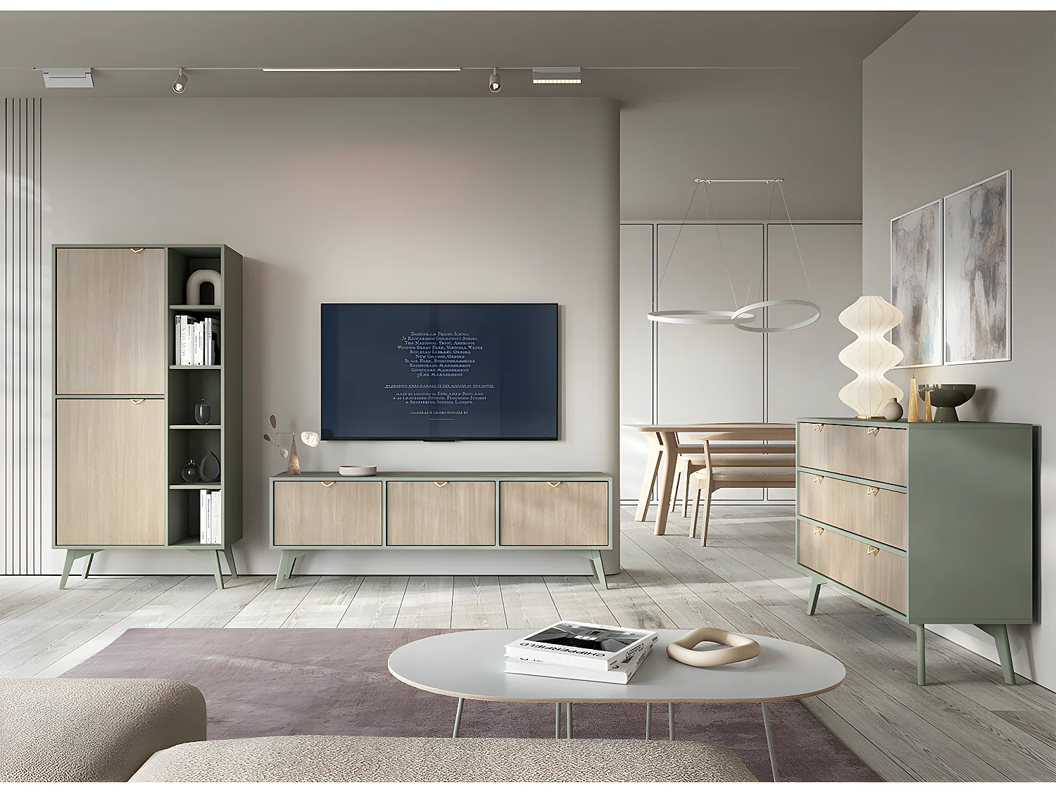 Buffet 1 porte 3 tiroirs Scandi Vert et Bois