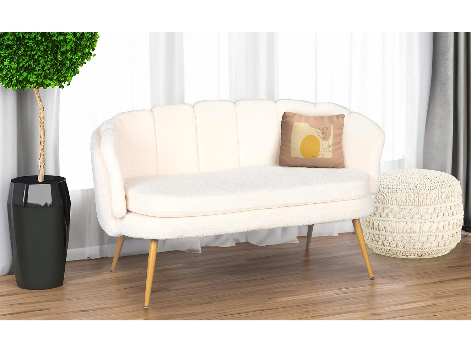 Canapé 2 places arrondi Brenda Tissu bouclette Beige