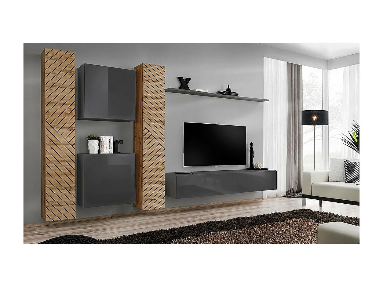 Designer-Wohnzimmermöbelset SWITCH VI. Farbe Eiche und Grau, Finish in gefräster Eichenoptik und glänzendem Grau.