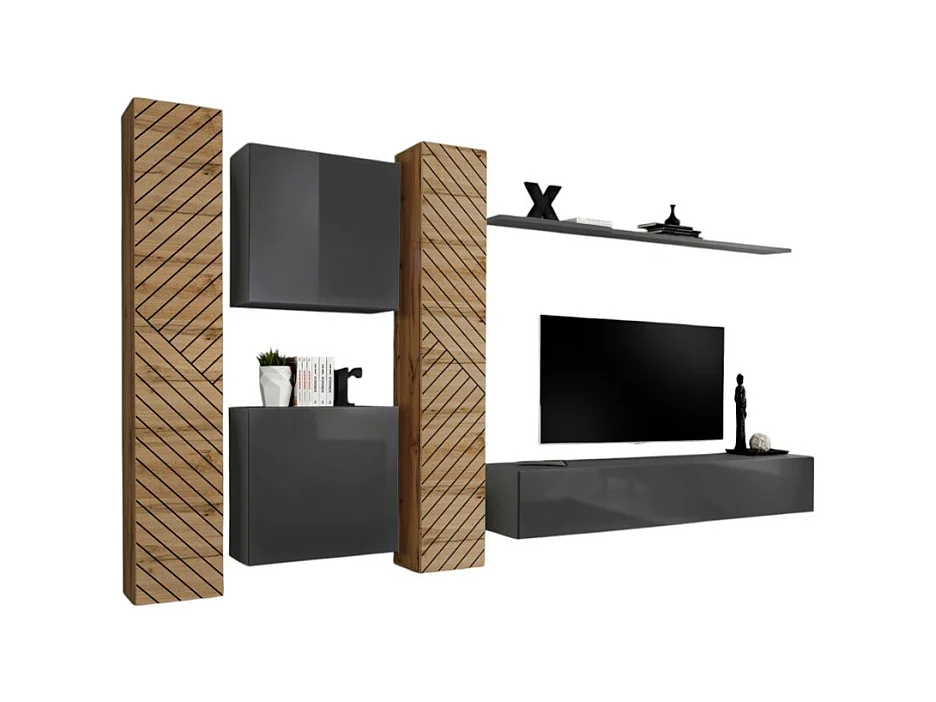 Design woonkamerset SWITCH VI. Kleuren eiken en grijs, afwerking gefreesd eikeneffect en glanzend grijs.
