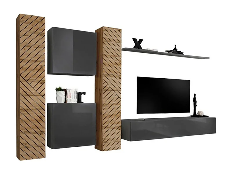 Design woonkamerset SWITCH VI. Kleuren eiken en grijs, afwerking gefreesd eikeneffect en glanzend grijs.