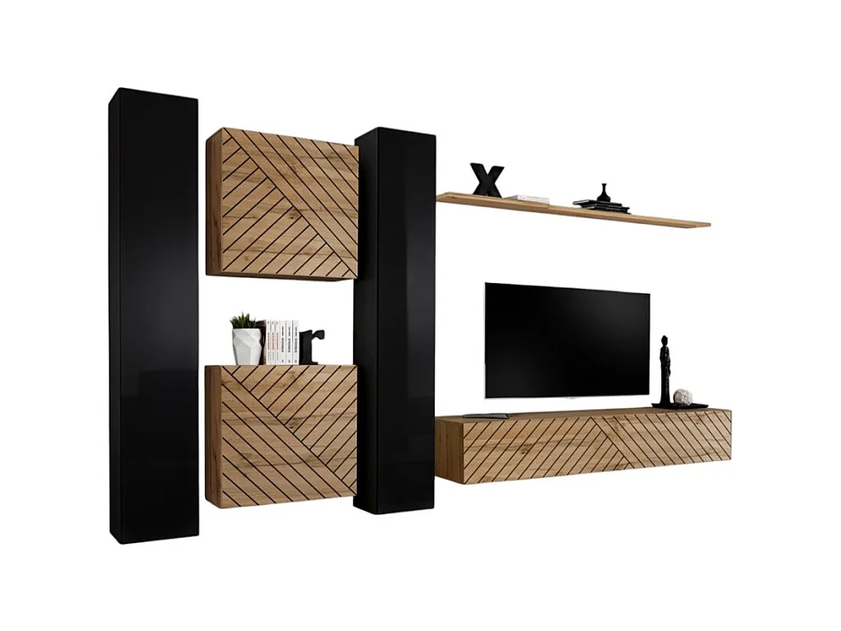 Ensemble de meubles design de salon SWITCH VI. Coloris noir et chêne finition noires brillantes et chêne effet fraisé.