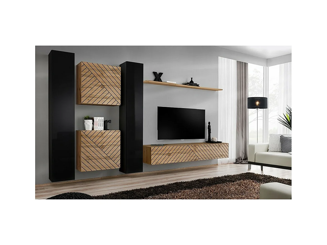 Ensemble de meubles design de salon SWITCH VI. Coloris noir et chêne finition noires brillantes et chêne effet fraisé.