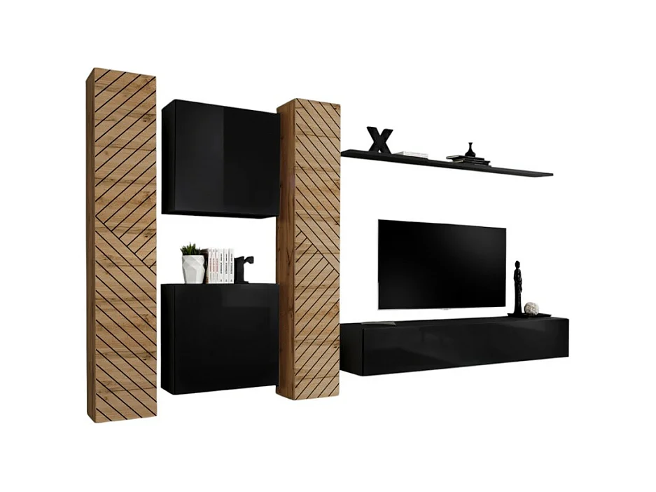 Design meubelset voor de woonkamer SWITCH VI. Kleuren eiken en zwart, afwerking gefreesd eiken effect en glanzend zwart.