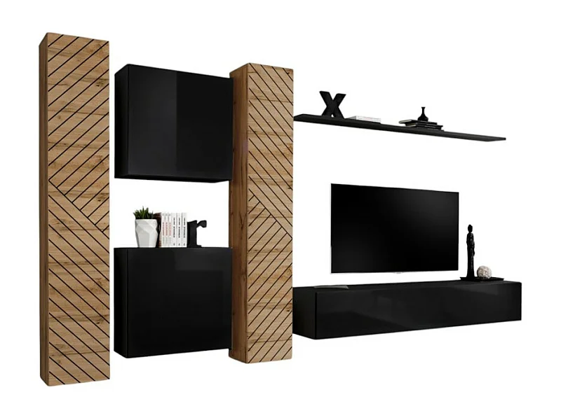 Ensemble de meubles design de salon SWITCH VI. Coloris chêne et noir finition chêne effet fraisé et noires brillantes.