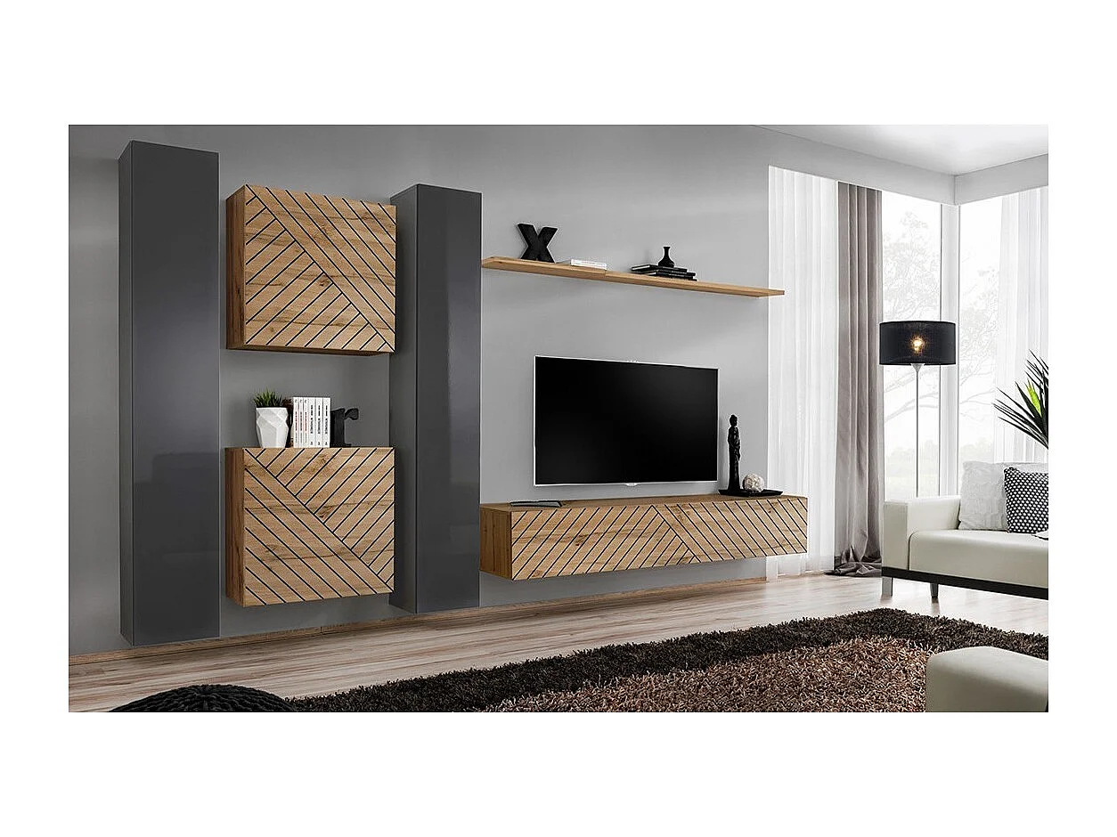 Ensemble de meubles design de salon SWITCH VI. Coloris gris et chêne finition gris brillant et chêne effet fraisé.