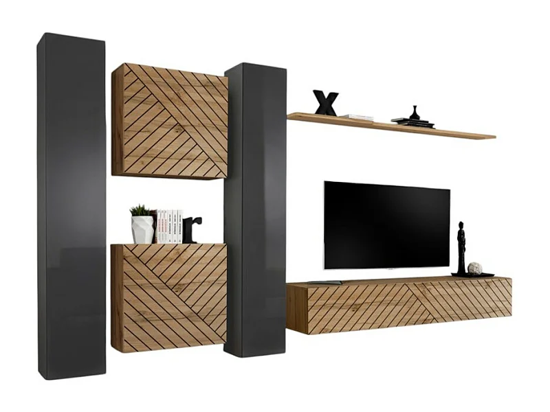 Ensemble de meubles design de salon SWITCH VI. Coloris gris et chêne finition gris brillant et chêne effet fraisé.