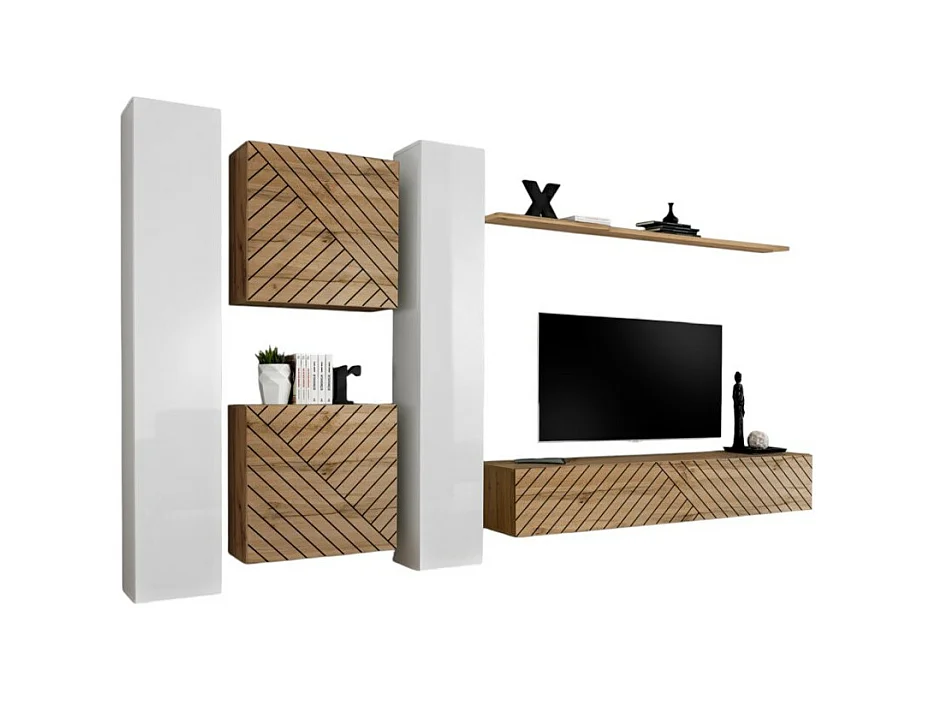Design meubelset voor de woonkamer SWITCH VI, wit/eik, met glanzend witte afwerking en gefreesd eikeneffect