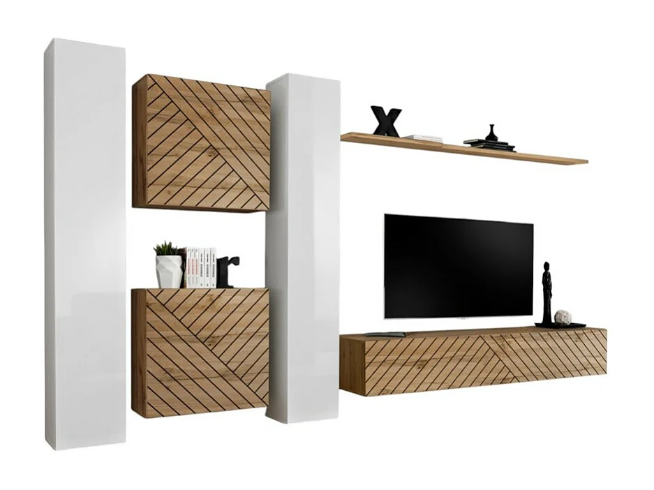 Ensemble meubles design salon SWITCH VI, blanc/chêne, finition blanches brillantes et chêne effet fraisé