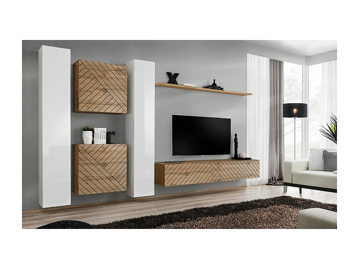 Ensemble meubles design salon SWITCH VI, blanc/chêne, finition blanches brillantes et chêne effet fraisé