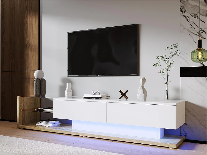 Mueble TV 170 cm con LED y mampara de cristal - 2 cajones - Blanco y Natural