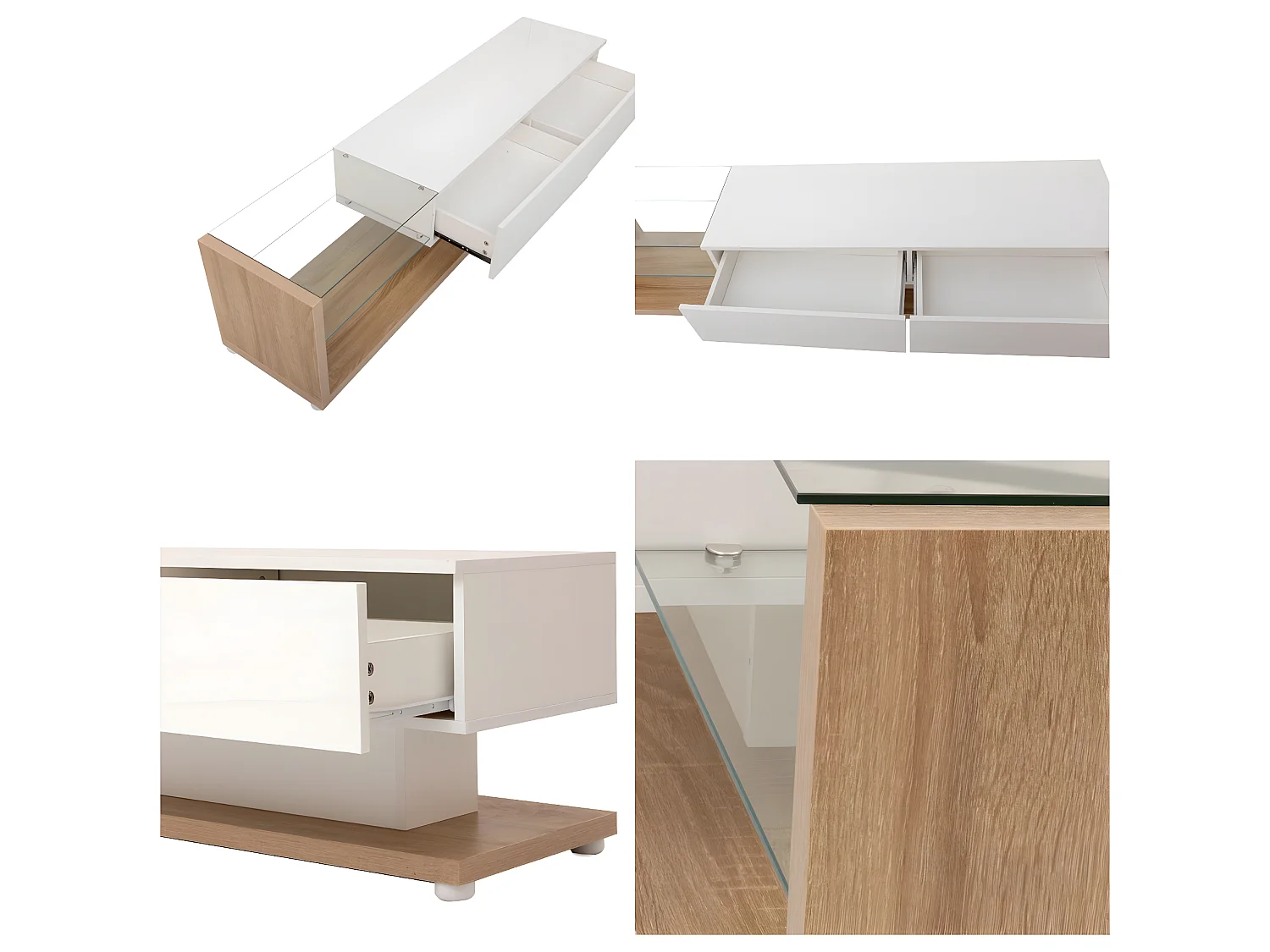 Mueble TV 170 cm con LED y mampara de cristal - 2 cajones - Blanco y Natural