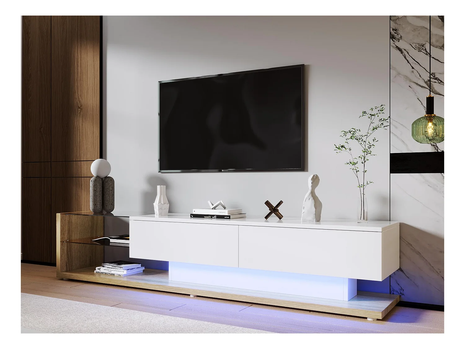 Meuble TV 170cm avec LED et cloison vitrée - 2 tiroirs - Blanc & Naturel