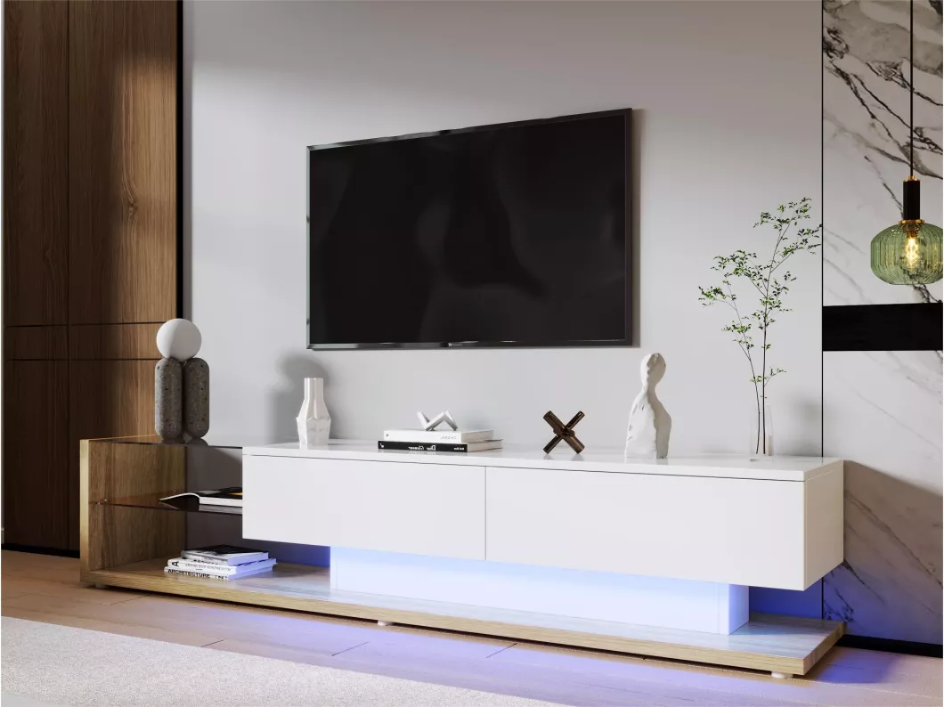 Kauf Unique 170 cm TV-Möbel mit LED und Glastrennwand – 2 Schubladen – Weiß und Natur