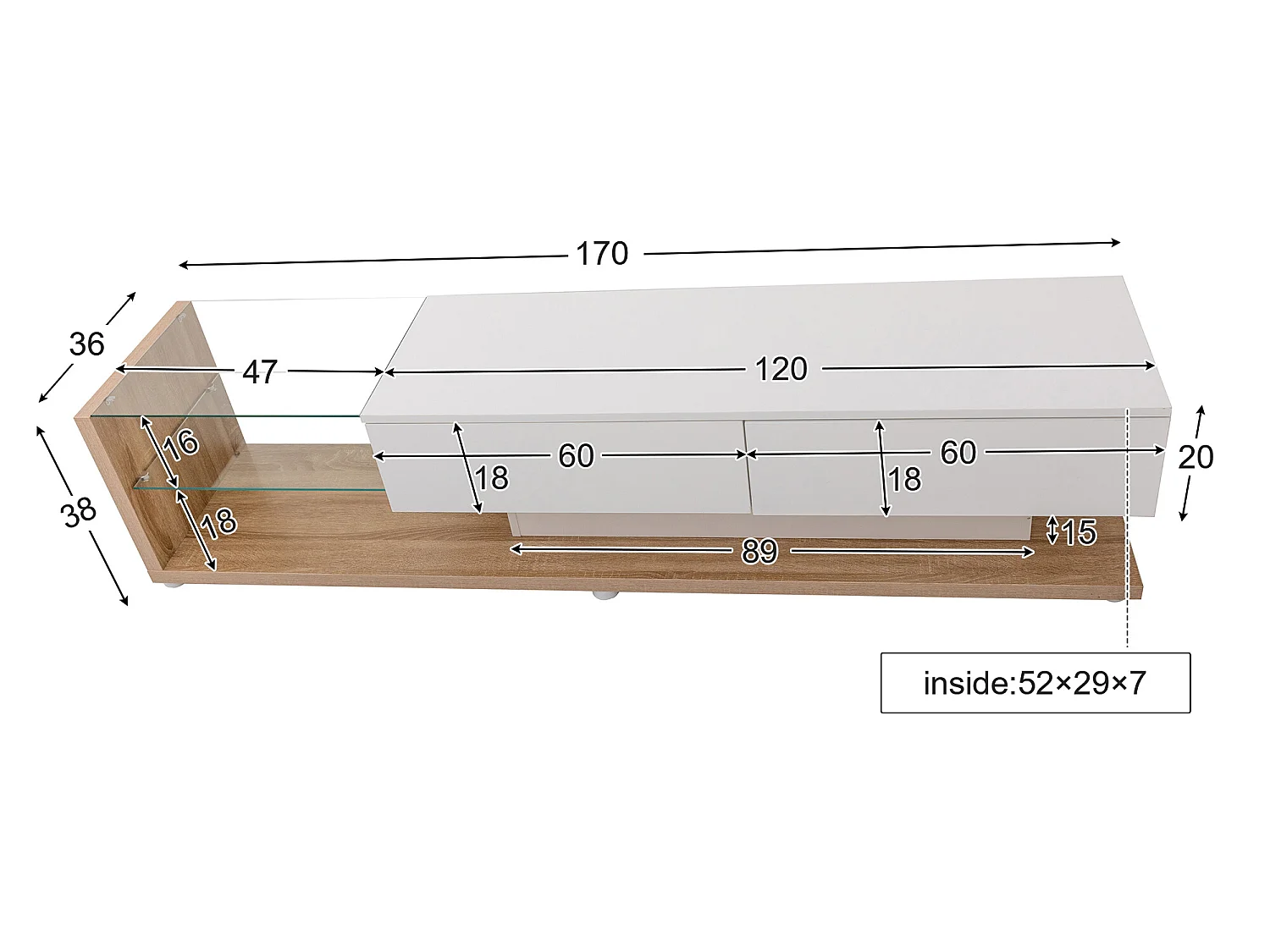 Mobile TV da 170 cm con LED e divisorio in vetro - 2 cassetti - Bianco e naturale