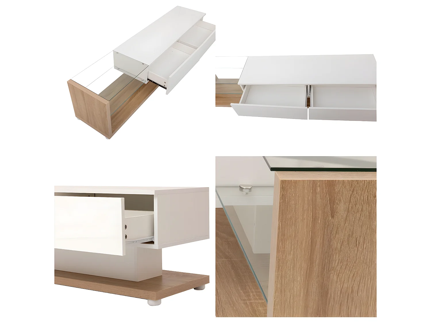 TV-meubel van 170 cm met LED en glazen scheidingswand - 2 lades - Wit en naturel