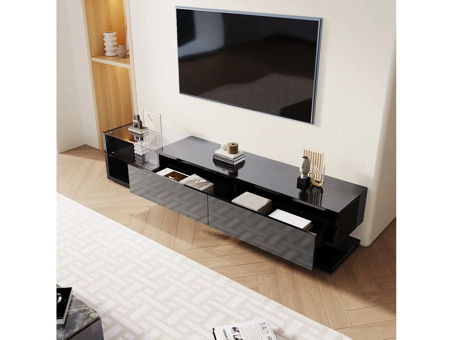 Mobile TV da 170 cm con LED e divisorio in vetro - 2 cassetti - Nero