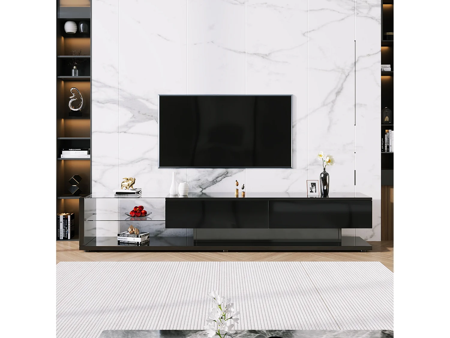 Mobile TV 200 Cm Effetto Marmo Nero, Con Ante In Legno Scuro, Illuminazione LED E Spazio Per Aspirapolvere Robot