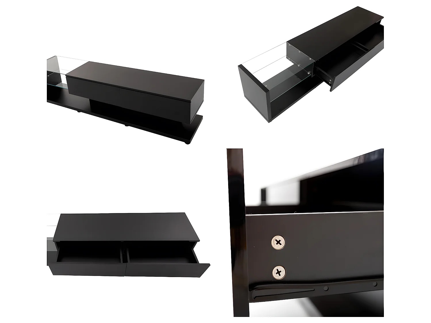 Mobile TV da 170 cm con LED e divisorio in vetro - 2 cassetti - Nero