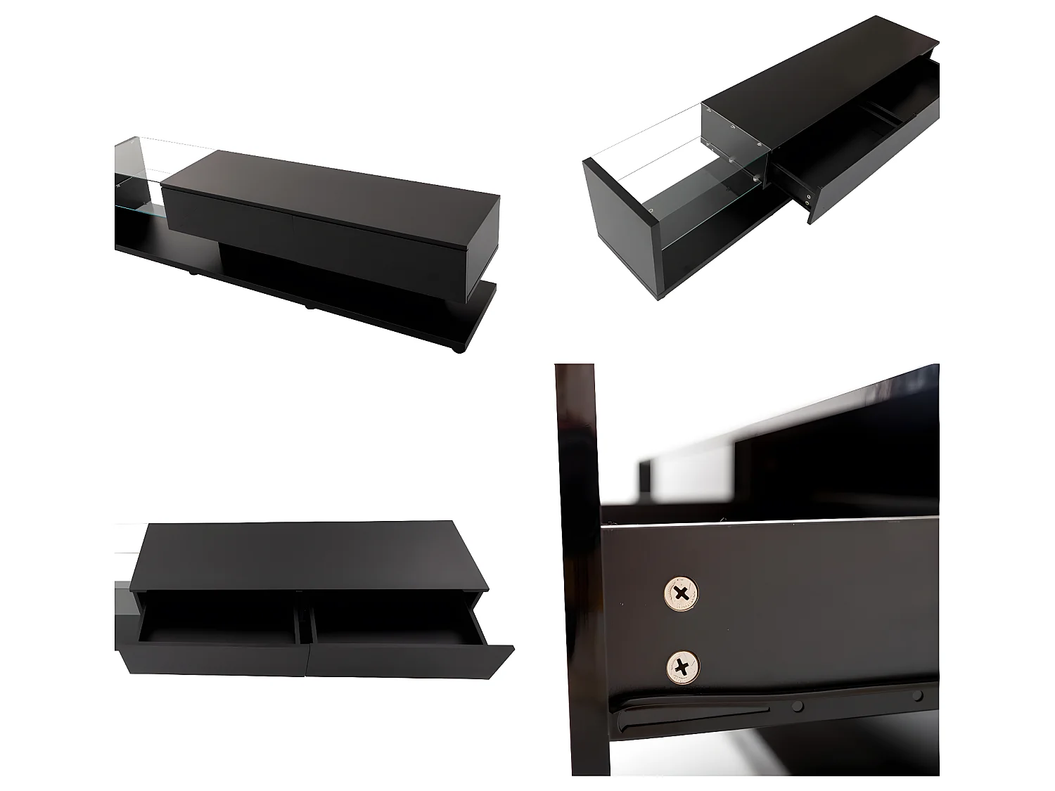 Mueble TV 170cm con LED y mampara de cristal - 2 cajones - Negro