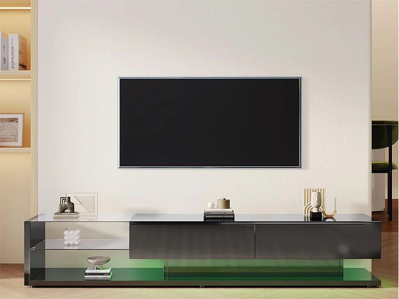 TV-meubel van 170 cm met LED en glazen scheidingswand - 2 lades - Zwart