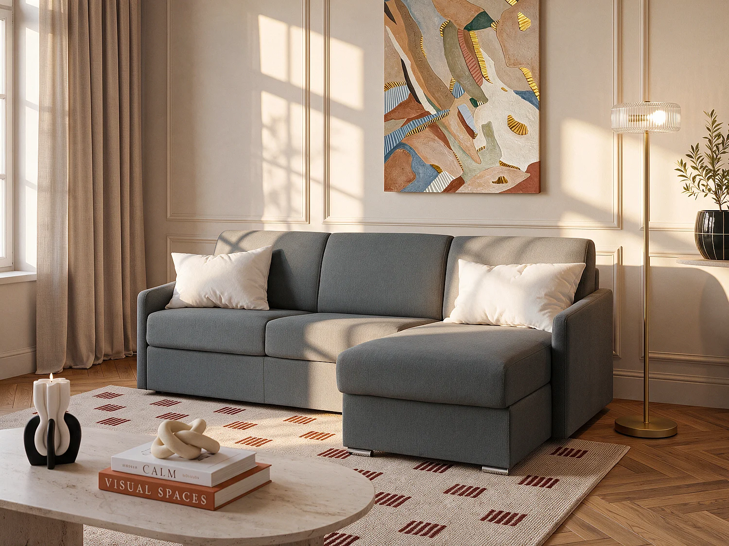 Canapé d'angle convertible express et réversible en tissu texturé gris - Couchage 160 cm - Matelas 14 cm - CALIFE