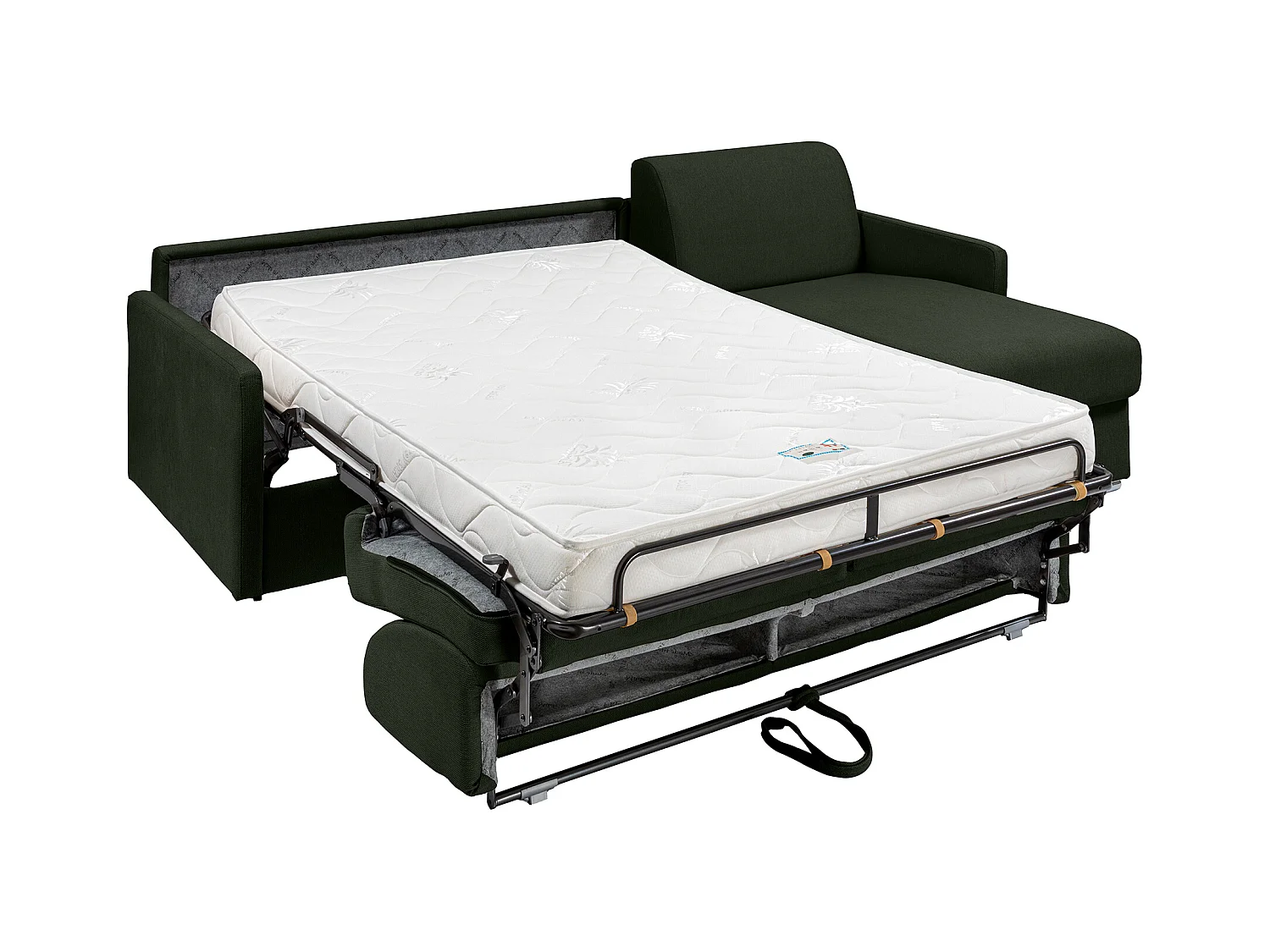 Vendbar ekspres hjørnesofa-seng i grangrønt stof - 160 cm soveplads med brede lameller - 14 cm madras - CALIFE