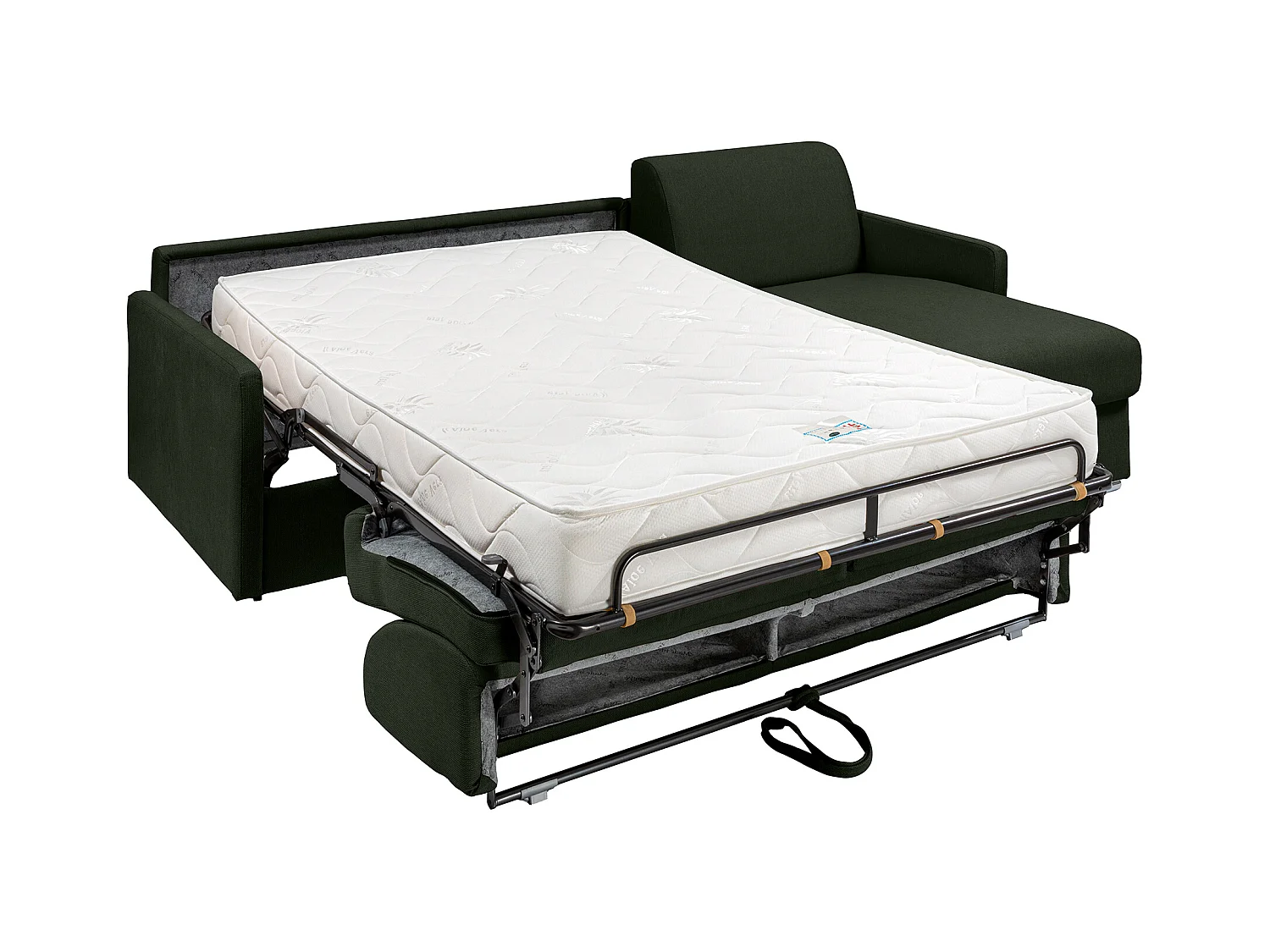 Omkeerbare, snel om te bouwen slaapbank met hoek in dennengroene stof - Bed van 160 cm - Matras 18 cm - CALIFE