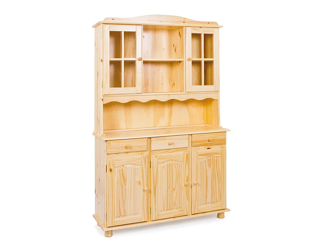 Toswa Vitrinenschrank 3 Türen, 2 Glastüren, 3 Schubladen, 2 offene Fächer, natur.