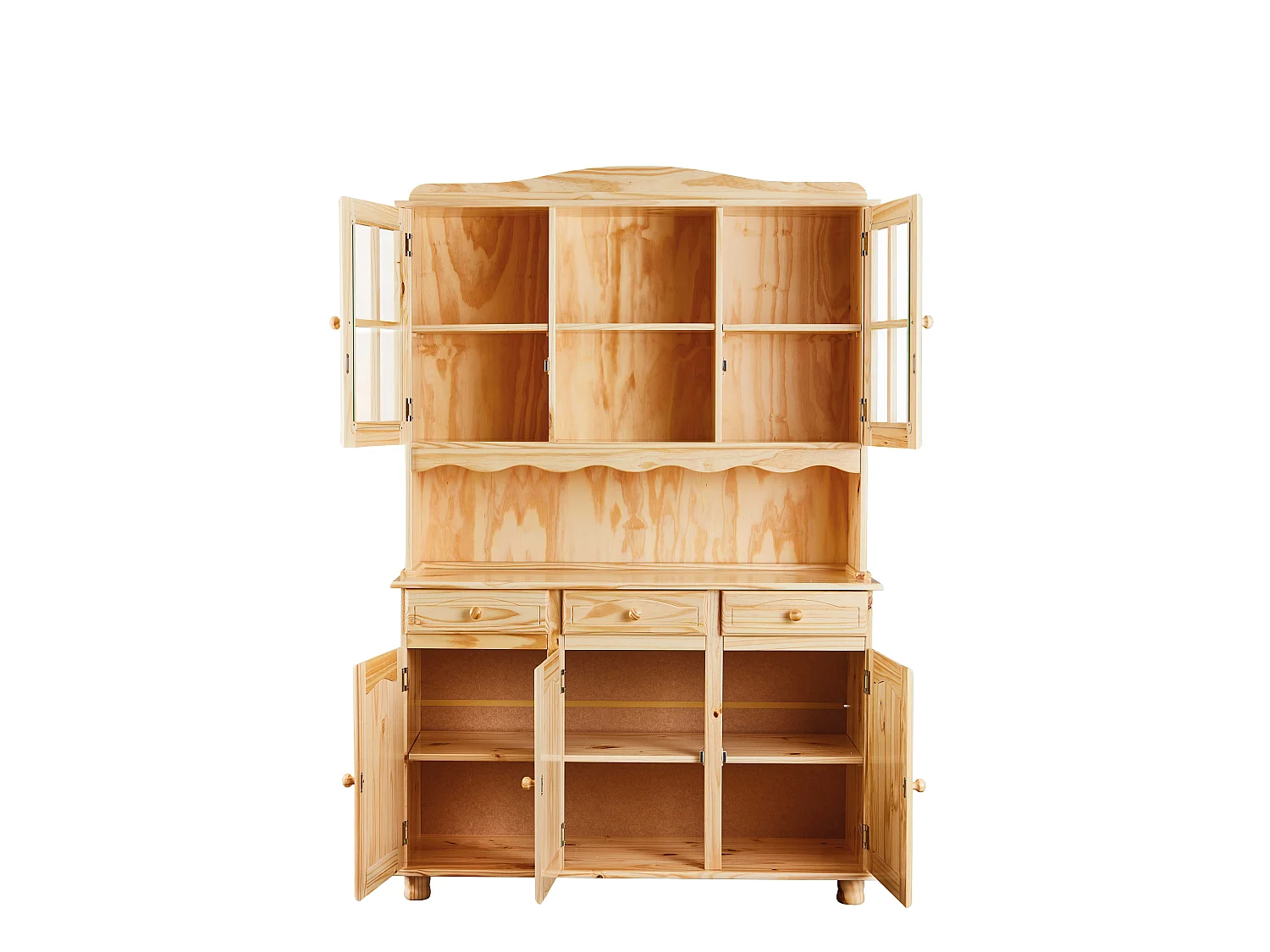 Toswa Vitrinenschrank 3 Türen, 2 Glastüren, 3 Schubladen, 2 offene Fächer, natur.