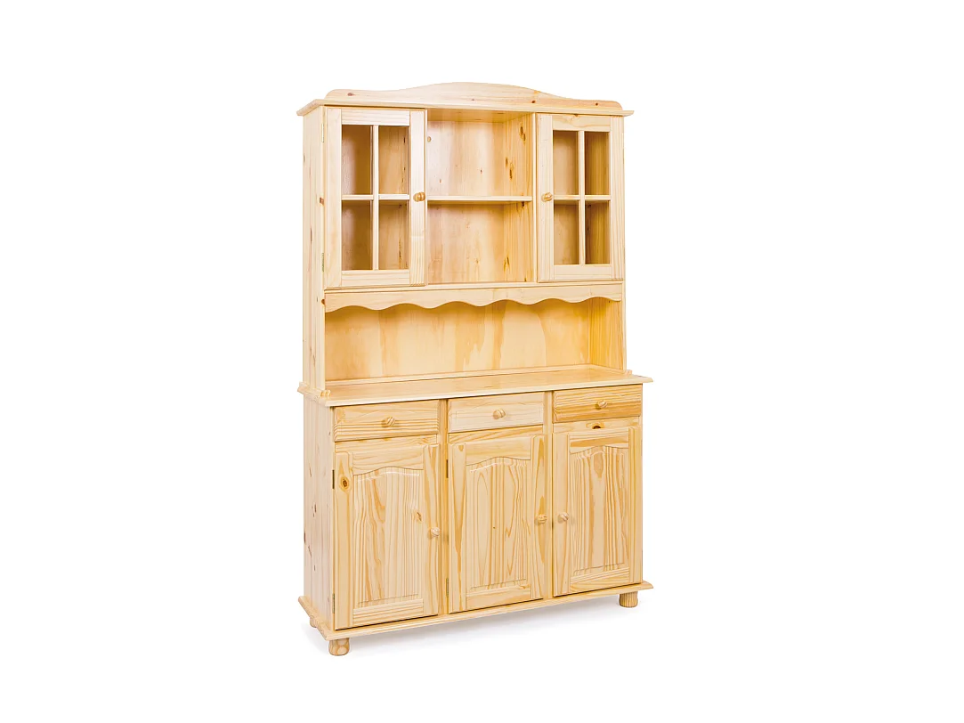 Toswa Vitrine 3 portes, 2 portes vitrées, 3 tiroirs, 2 espaces ouverts, naturel.