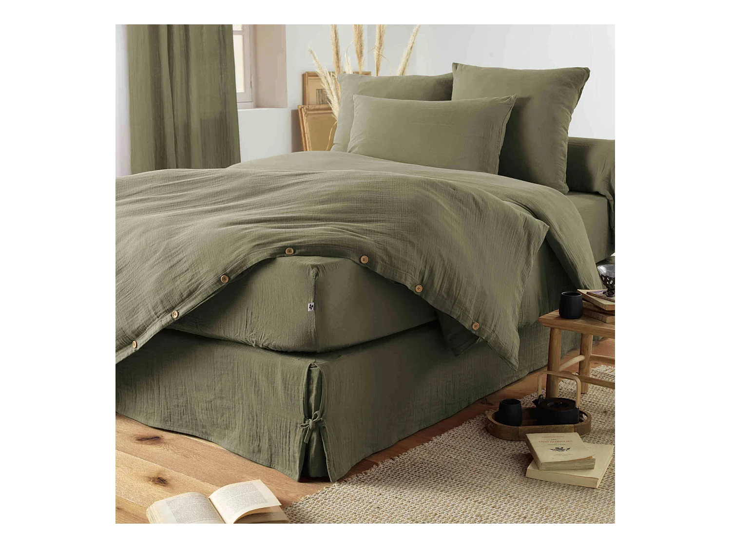 Housse de couette double gaze de coton kaki 240x220 cm
