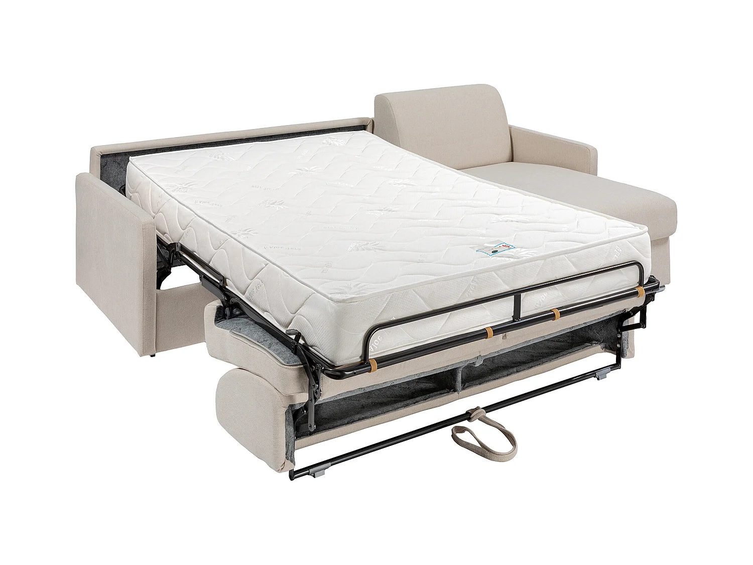 Divano letto angolare a ribalta Posto letto 160 cm con doghe larghe Materasso 22 cm memory foam in Tessuto Beige - CALIFE