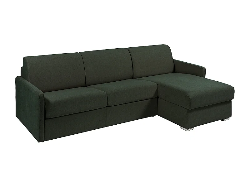 Canapé d'angle convertible express et réversible en tissu vert sapin - Couchage 160 cm - Matelas 22 cm avec mémoire de forme - CALIFE