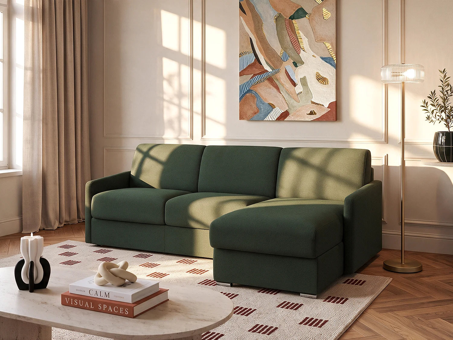 Divano letto angolare reversibile a ribalta Letto 160cm doghe larghe Mater. 22cm memory foam Tessuto Verde abete - CALIFE