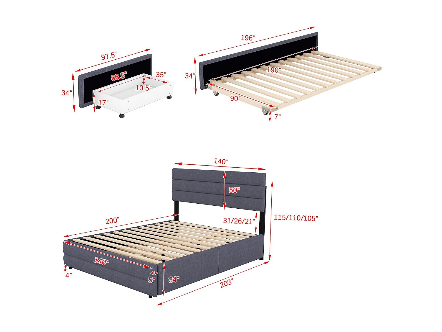 Erwachsenenbett 140 x 200 cm aus Leinenstoff – mit Ausziehbett 90 x 190 cm und 2 Schubladen – verstellbares Kopfteil – Grau